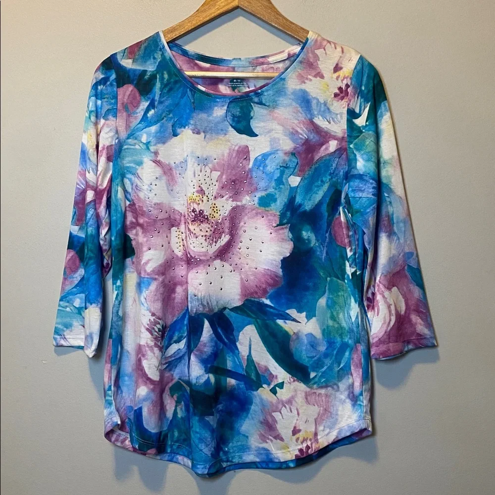 Allison Daley Blouse Bundle of 2 Womens Medium Floral Multicolor 3/4 Sleeve Tops - Picture 3 of 17